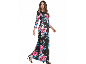 Vestido Longo Floral Manga 3/4 - Preto 