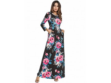 Vestido Longo Floral Manga 3/4 - Preto