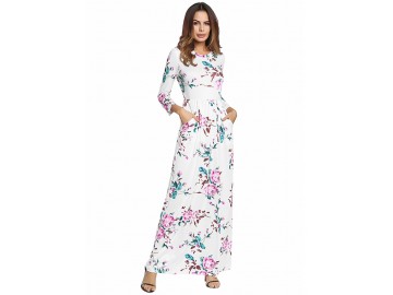 Vestido Longo Estampa de Rosas - Branco 