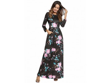 Vestido Longo Estampa de Rosas - Preto 