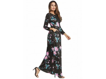 Vestido Longo Estampa de Rosas - Preto