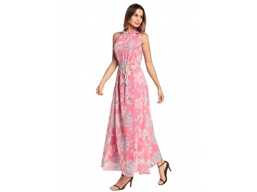 Vestido Longo Floral Sem Manga - Rosa 