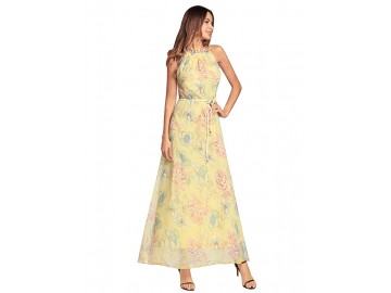 Vestido Longo Floral Sem Manga - Amarelo 