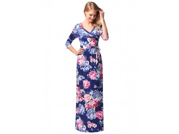 Vestido Longo Floral Decote V Manga 3/4 - Azul Royal