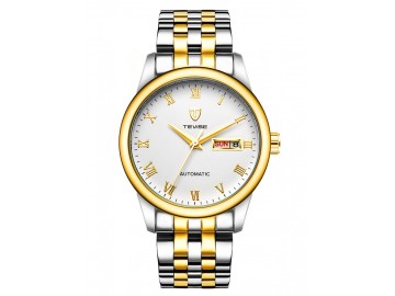 Relógio Tevise T80 Masculino Automático Pulseira de Aço - Branco e Dourado 