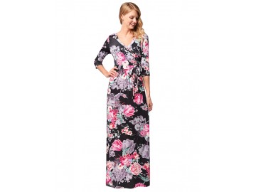 Vestido Longo Floral Decote V Manga 3/4 - Preto