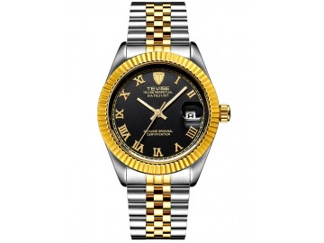 Relógio Tevise T629 Masculino Automático Pulseira de Aço - Preto e Ouro Rome 