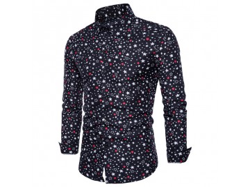 Camisa Masculina Slim Estampa de Estrelas Manga Longa - Preto 