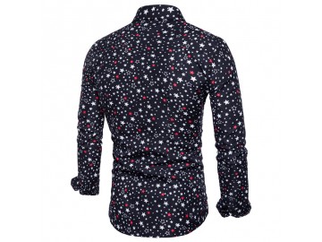 Camisa Masculina Slim Estampa de Estrelas Manga Longa - Preto