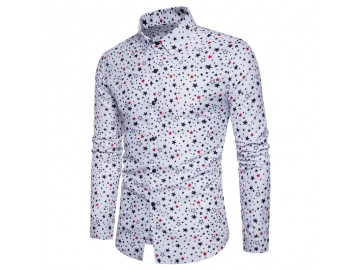 Camisa Masculina Slim Estampa de Estrelas Manga Longa - Branco 