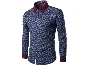 Camisa Masculina Slim Estampada Manga Longa - Azul Marinho 