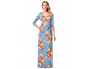 Vestido Longo Florido com Laço Manga 3/4 - Azul Claro 