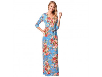 Vestido Longo Florido com Laço Manga 3/4 - Azul Claro