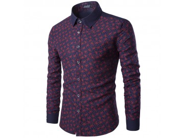 Camisa Masculina Slim Estampada Manga Longa - Vinho 