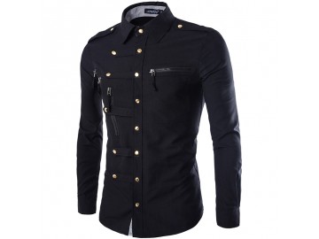 Camisa Masculina Slim Abotoada Manga Longa - Preto 