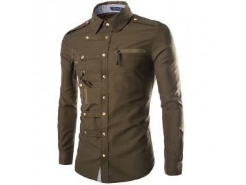 Camisa Masculina Slim Abotoada Manga Longa - Verde Exército 