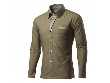 Camisa Masculina Slim Com Listras Manga Longa - Verde Exército 