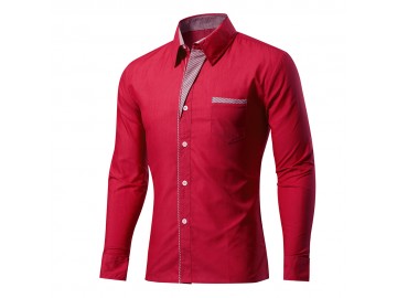 Camisa Masculina Slim Com Listras Manga Longa - Vermelho Escuro 