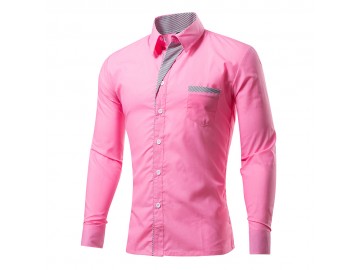 Camisa Masculina Slim Com Listras Manga Longa - Rosa 