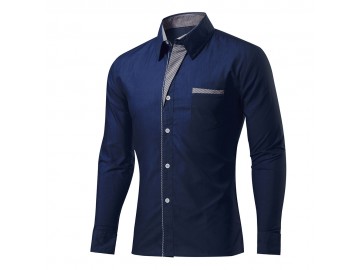 Camisa Masculina Slim Com Listras Manga Longa - Azul Escuro 