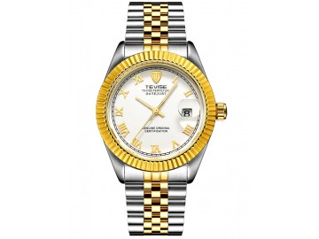 Relógio Tevise T629 Masculino Automático Pulseira de Aço - Branco e Ouro Rome 