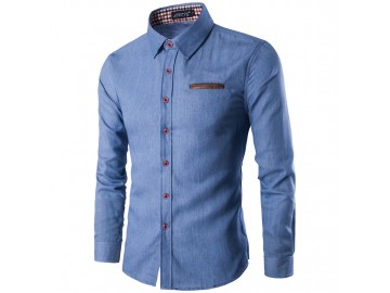 Camisa Masculina Slim Jeans Manga Longa - Azul Claro 