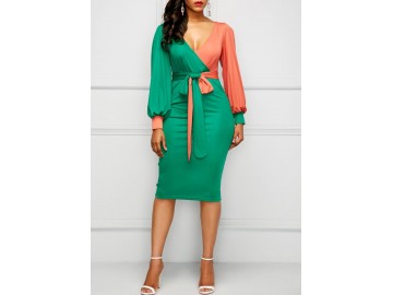 Vestido Midi Bicolor Laço Manga Longa - Verde/Laranja 