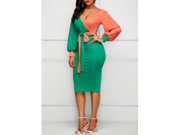 Vestido Midi Bicolor Laço Manga Longa - Verde/Laranja