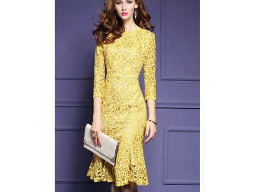 Vestido de Renda Slim Elegante Manga 3/4 - Amarelo 