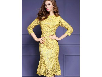 Vestido de Renda Slim Elegante Manga 3/4 - Amarelo