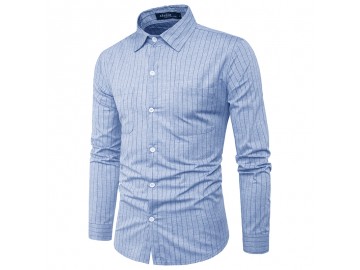 Camisa Masculina Slim com Riscas Verticais Manga Longa - Blue 