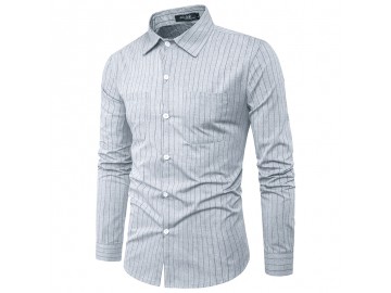 Camisa Masculina Slim com Riscas Verticais Manga Longa - Cinza 