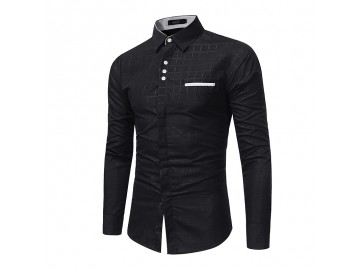 Camisa Masculina Slim Com Bolso Embutido Manga Longa - Preto 