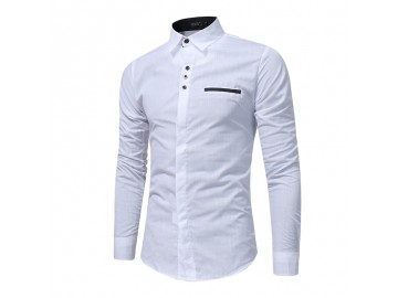 Camisa Masculina Slim Com Bolso Embutido Manga Longa - Branco 