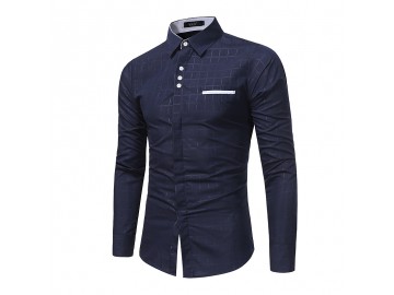 Camisa Masculina Slim Com Bolso Embutido Manga Longa - Azul Marinho 