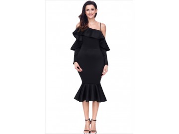 Vestido Elegante Assimétrico Babado - Preto 