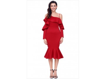 Vestido Elegante Assimétrico Babado - Vermelho 