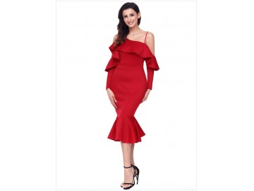 Vestido Elegante Assimétrico Babado - Vermelho