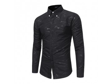 Camisa Masculina Slim Casual Estampada Manga Longa - Preto 