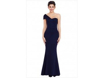 Vestido Longo Elegante Assimétrico Ombro Único - Azul Escuro 