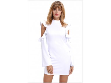 Vestido Curto Recorte Zíper nas Costas Manga Longa - Branco 