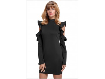 Vestido Curto Recorte Zíper nas Costas Manga Longa - Preto 