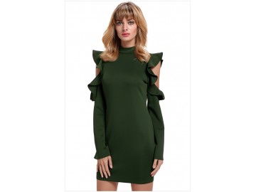 Vestido Curto Recorte Zíper nas Costas Manga Longa - Verde Militar 