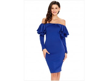 Vestido Elegante Babado Manga Longa - Azul 