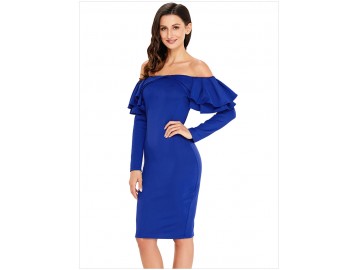 Vestido Elegante Babado Manga Longa - Azul