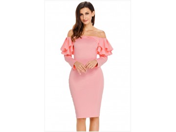 Vestido Elegante Babado Manga Longa - Rosa Claro 