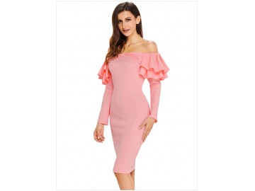 Vestido Elegante Babado Manga Longa - Rosa Claro