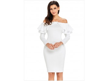 Vestido Elegante Babado Manga Longa - Branco 