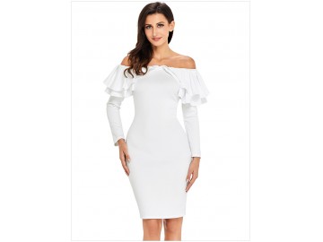 Vestido Elegante Babado Manga Longa - Branco