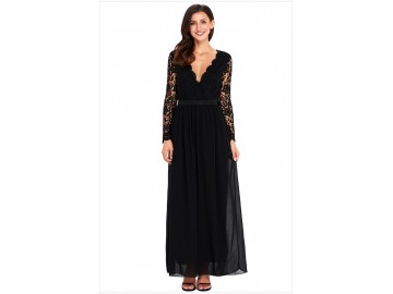 Vestido Longo de Renda Decote V Manga Longa - Preto 